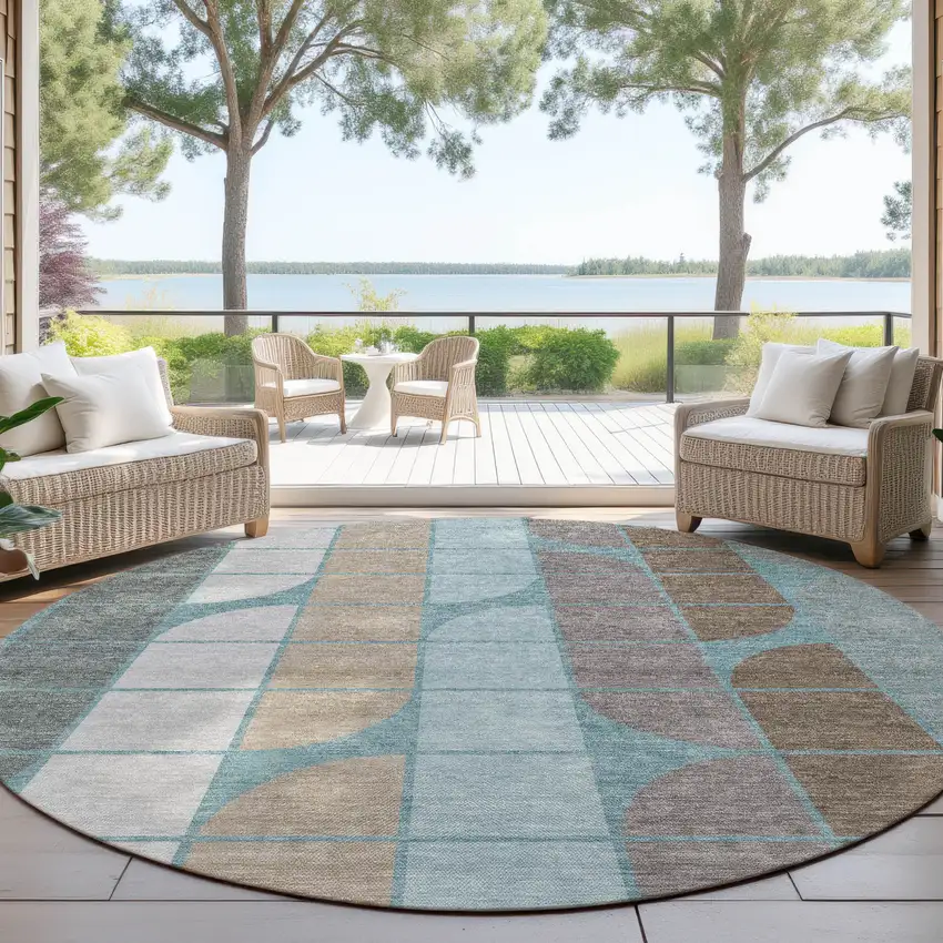 8' Teal Blue Brown And Silver Round Geometric Washable Indoor Outdoor Area Rug Photo 4