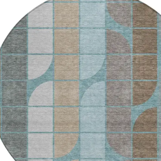 8' Teal Blue Brown And Silver Round Geometric Washable Indoor Outdoor Area Rug Photo 2