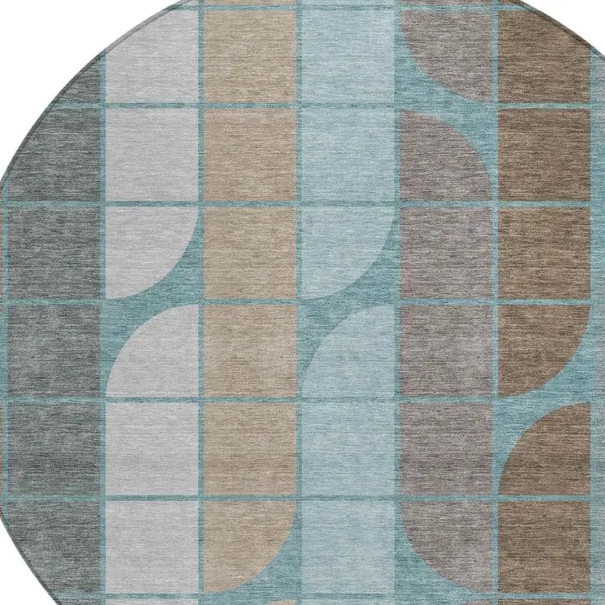 8' Teal Blue Brown And Silver Round Geometric Washable Indoor Outdoor Area Rug Photo 2
