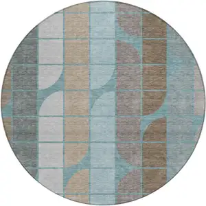 Photo of 8' Teal Blue Brown And Silver Round Geometric Washable Indoor Outdoor Area Rug