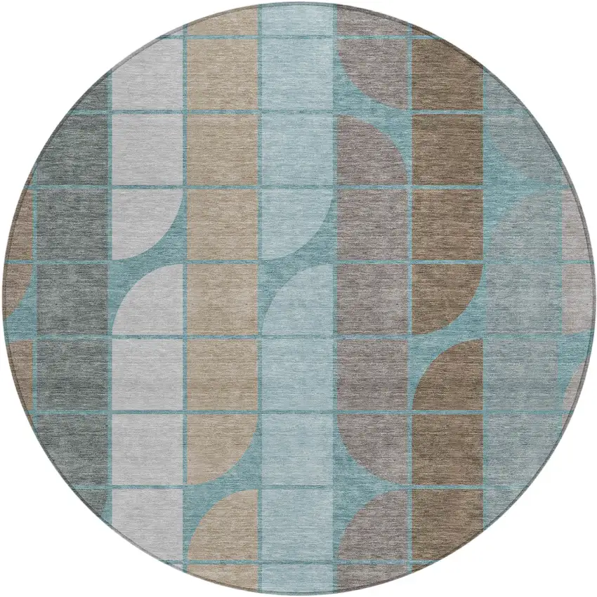 8' Teal Blue Brown And Silver Round Geometric Washable Indoor Outdoor Area Rug Photo 1