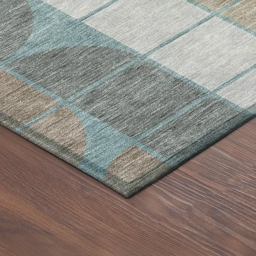 8' Teal Blue Brown And Silver Round Geometric Washable Indoor Outdoor Area Rug Photo 8