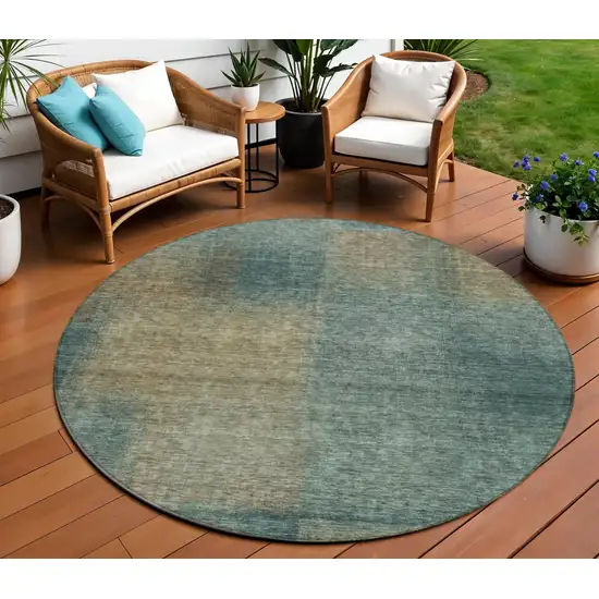 8' Teal Blue Brown And Taupe Round Abstract Washable Indoor Outdoor Area Rug Photo 1