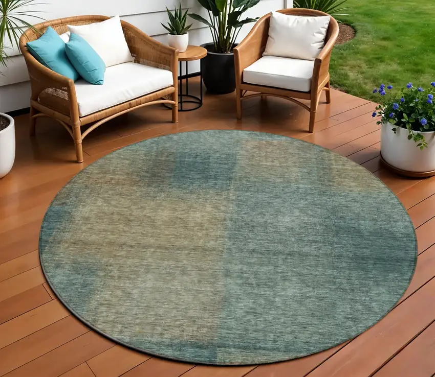 8' Teal Blue Brown And Taupe Round Abstract Washable Indoor Outdoor Area Rug Photo 1