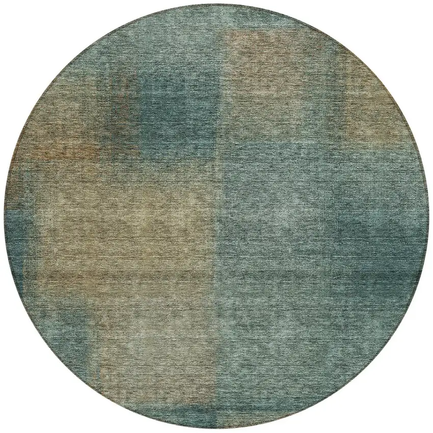 8' Teal Blue Brown And Taupe Round Abstract Washable Indoor Outdoor Area Rug Photo 4
