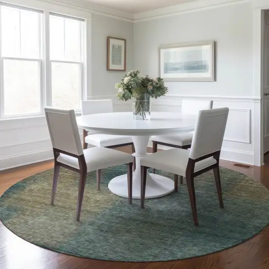 8' Teal Blue Brown And Taupe Round Abstract Washable Indoor Outdoor Area Rug Photo 7