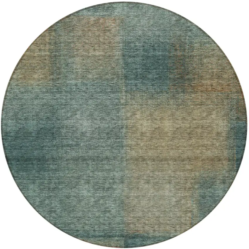 8' Teal Blue Brown And Taupe Round Abstract Washable Indoor Outdoor Area Rug Photo 5