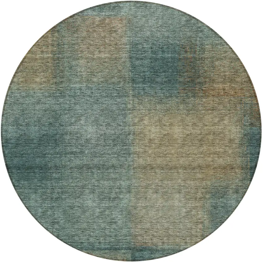 8' Teal Blue Brown And Taupe Round Abstract Washable Indoor Outdoor Area Rug Photo 5