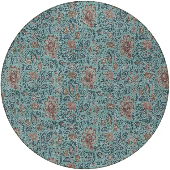 8' Teal Blue Brown And Taupe Round Floral Washable Indoor Outdoor Area Rug Photo 7