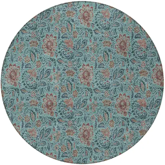 8' Teal Blue Brown And Taupe Round Floral Washable Indoor Outdoor Area Rug Photo 7