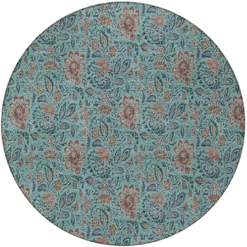 8' Teal Blue Brown And Taupe Round Floral Washable Indoor Outdoor Area Rug Photo 7