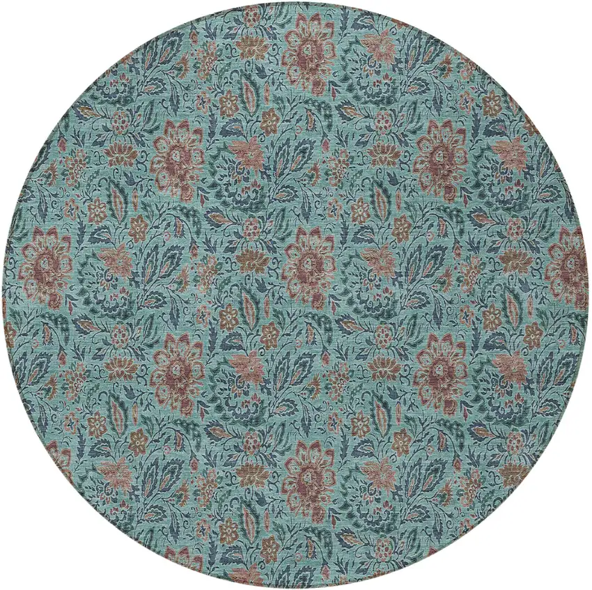 8' Teal Blue Brown And Taupe Round Floral Washable Indoor Outdoor Area Rug Photo 7