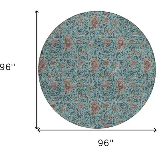 8' Teal Blue Brown And Taupe Round Floral Washable Indoor Outdoor Area Rug Photo 3