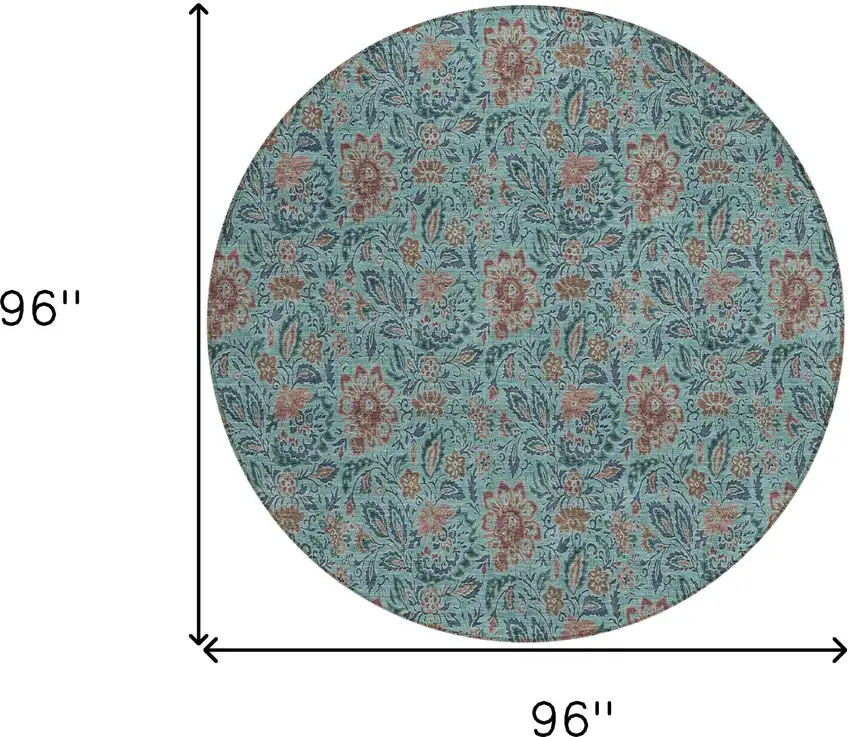 8' Teal Blue Brown And Taupe Round Floral Washable Indoor Outdoor Area Rug Photo 3