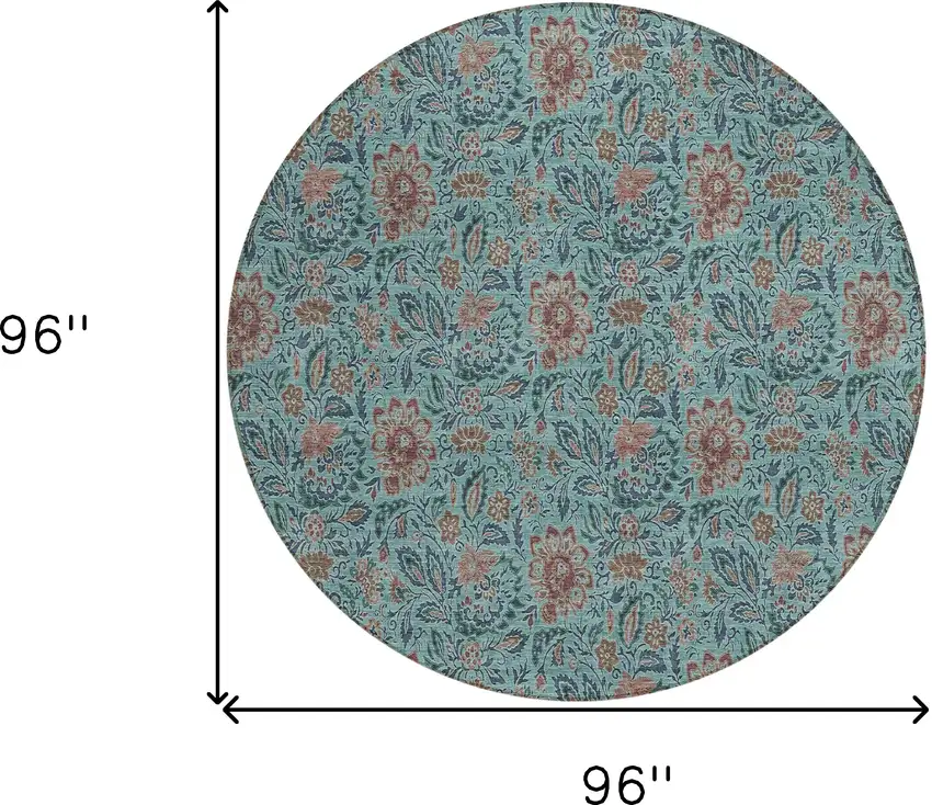 8' Teal Blue Brown And Taupe Round Floral Washable Indoor Outdoor Area Rug Photo 3