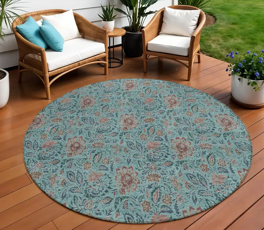 8' Teal Blue Brown And Taupe Round Floral Washable Indoor Outdoor Area Rug Photo 1