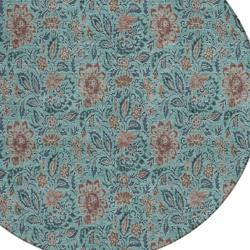 8' Teal Blue Brown And Taupe Round Floral Washable Indoor Outdoor Area Rug Photo 6