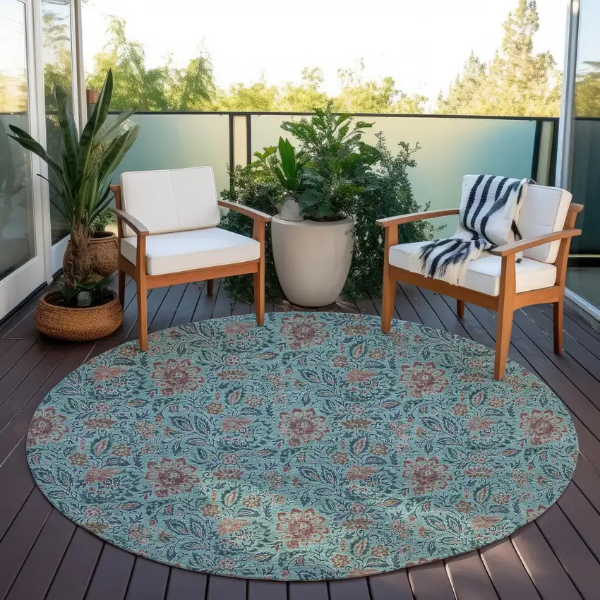 8' Teal Blue Brown And Taupe Round Floral Washable Indoor Outdoor Area Rug Photo 8