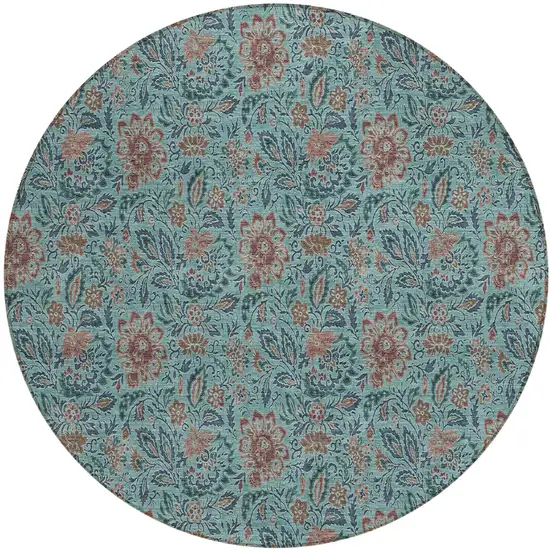 8' Teal Blue Brown And Taupe Round Floral Washable Indoor Outdoor Area Rug Photo 2
