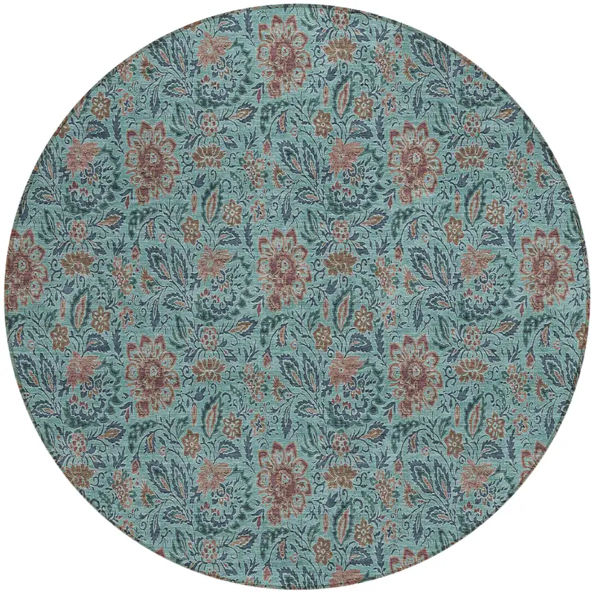 8' Teal Blue Brown And Taupe Round Floral Washable Indoor Outdoor Area Rug Photo 2