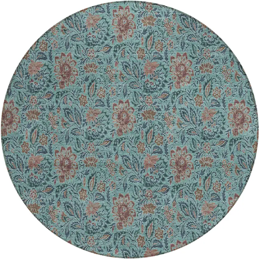 8' Teal Blue Brown And Taupe Round Floral Washable Indoor Outdoor Area Rug Photo 2