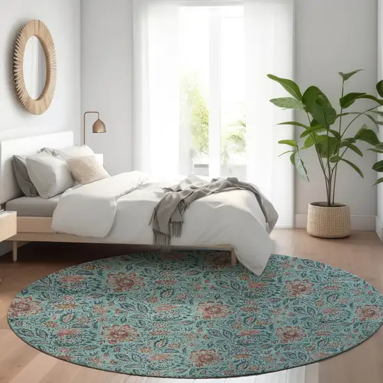8' Teal Blue Brown And Taupe Round Floral Washable Indoor Outdoor Area Rug Photo 9