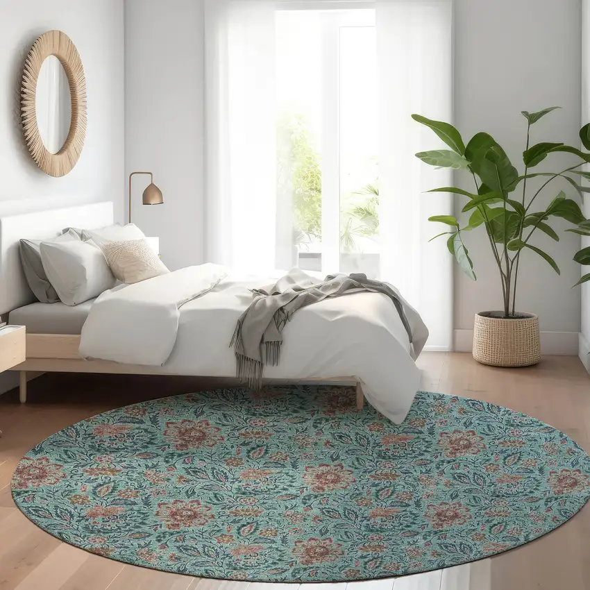 8' Teal Blue Brown And Taupe Round Floral Washable Indoor Outdoor Area Rug Photo 9