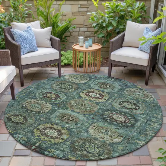 8' Teal Blue Brown And Taupe Round Medallion Washable Indoor Outdoor Area Rug Photo 5
