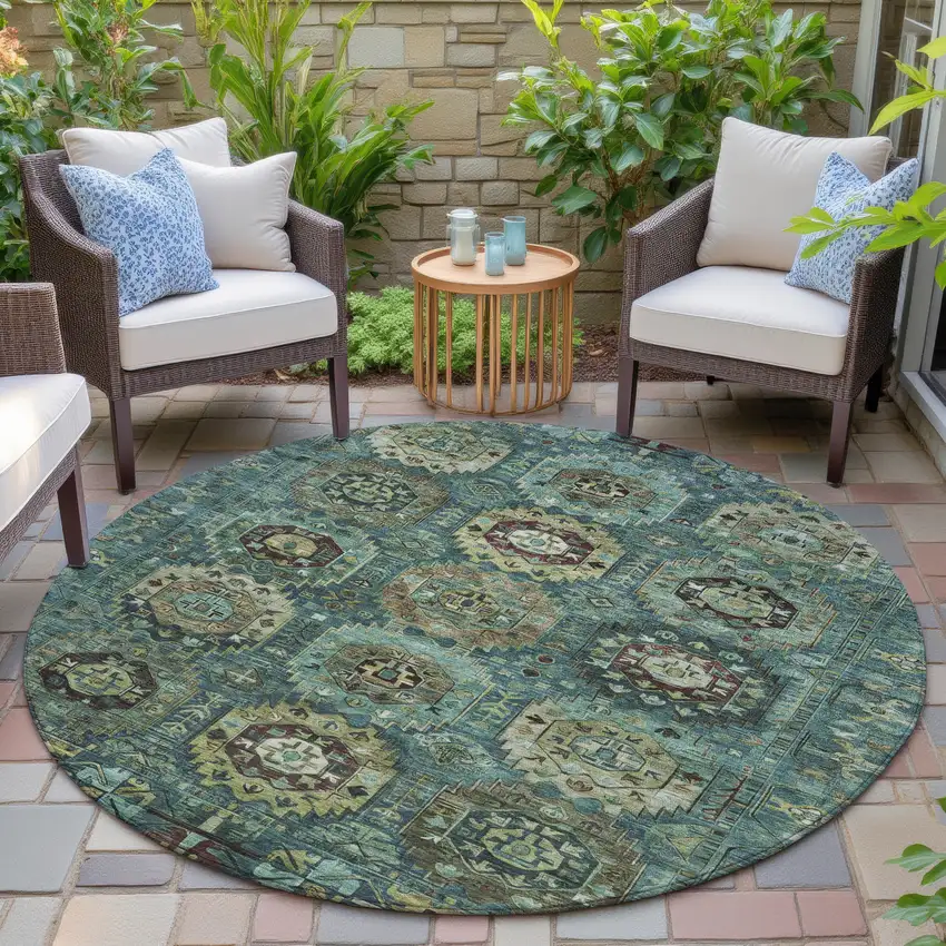 8' Teal Blue Brown And Taupe Round Medallion Washable Indoor Outdoor Area Rug Photo 5