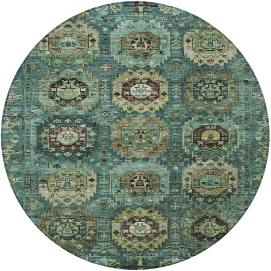 8' Teal Blue Brown And Taupe Round Medallion Washable Indoor Outdoor Area Rug Photo 3