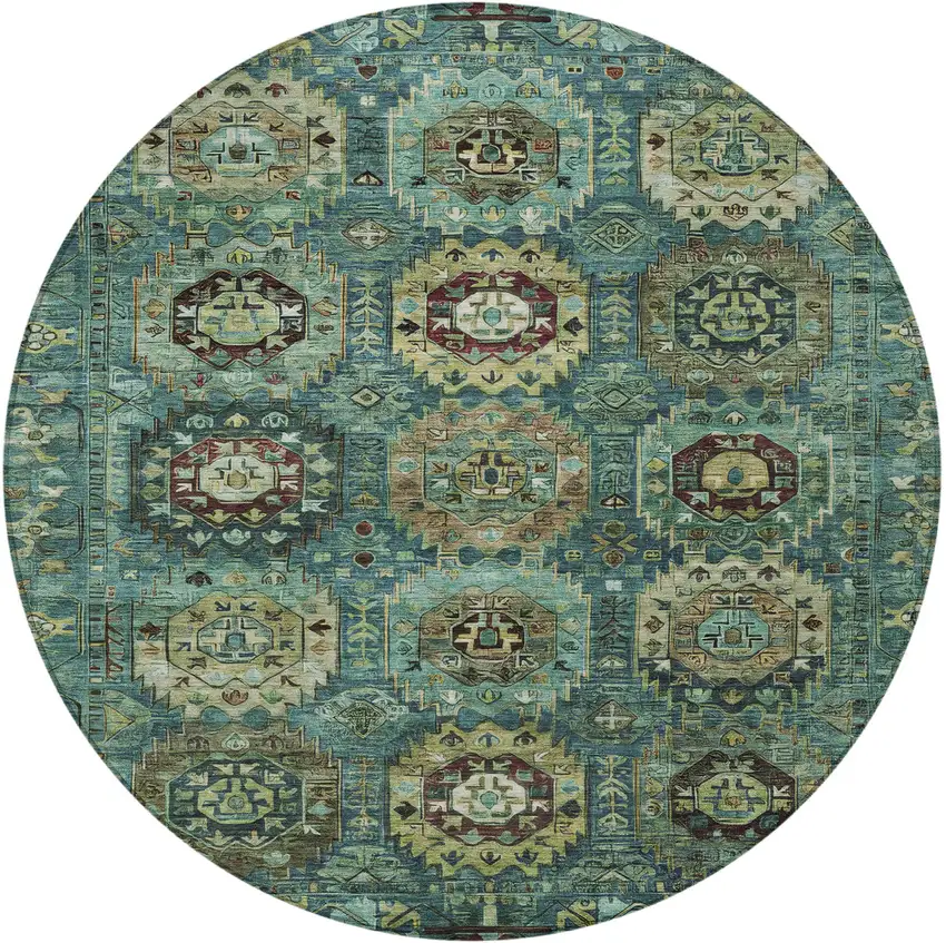 8' Teal Blue Brown And Taupe Round Medallion Washable Indoor Outdoor Area Rug Photo 3