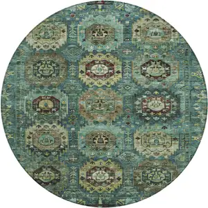 Photo of 8' Teal Blue Brown And Taupe Round Medallion Washable Indoor Outdoor Area Rug
