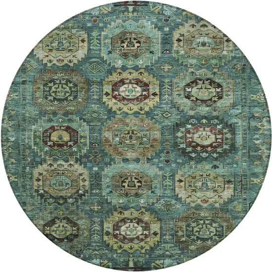 8' Teal Blue Brown And Taupe Round Medallion Washable Indoor Outdoor Area Rug Photo 1