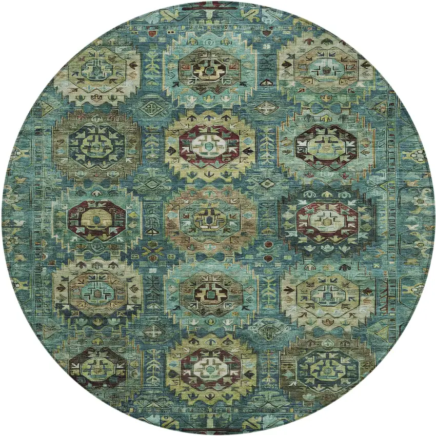 8' Teal Blue Brown And Taupe Round Medallion Washable Indoor Outdoor Area Rug Photo 1
