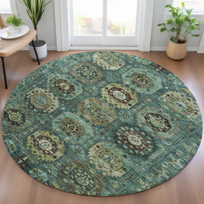 8' Teal Blue Brown And Taupe Round Medallion Washable Indoor Outdoor Area Rug Photo 6