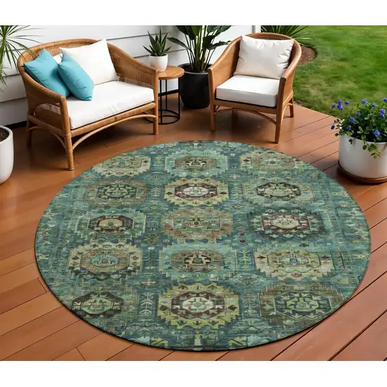 8' Teal Blue Brown And Taupe Round Medallion Washable Indoor Outdoor Area Rug Photo 2