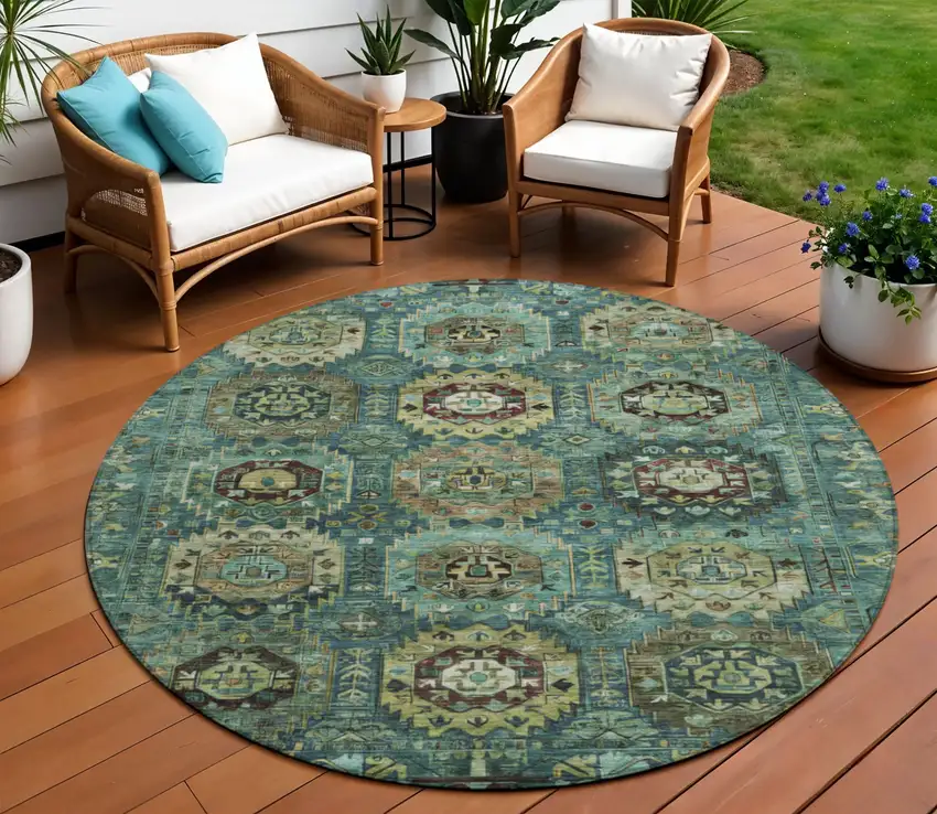 8' Teal Blue Brown And Taupe Round Medallion Washable Indoor Outdoor Area Rug Photo 2