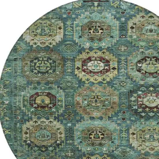 8' Teal Blue Brown And Taupe Round Medallion Washable Indoor Outdoor Area Rug Photo 8