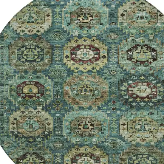 8' Teal Blue Brown And Taupe Round Medallion Washable Indoor Outdoor Area Rug Photo 4