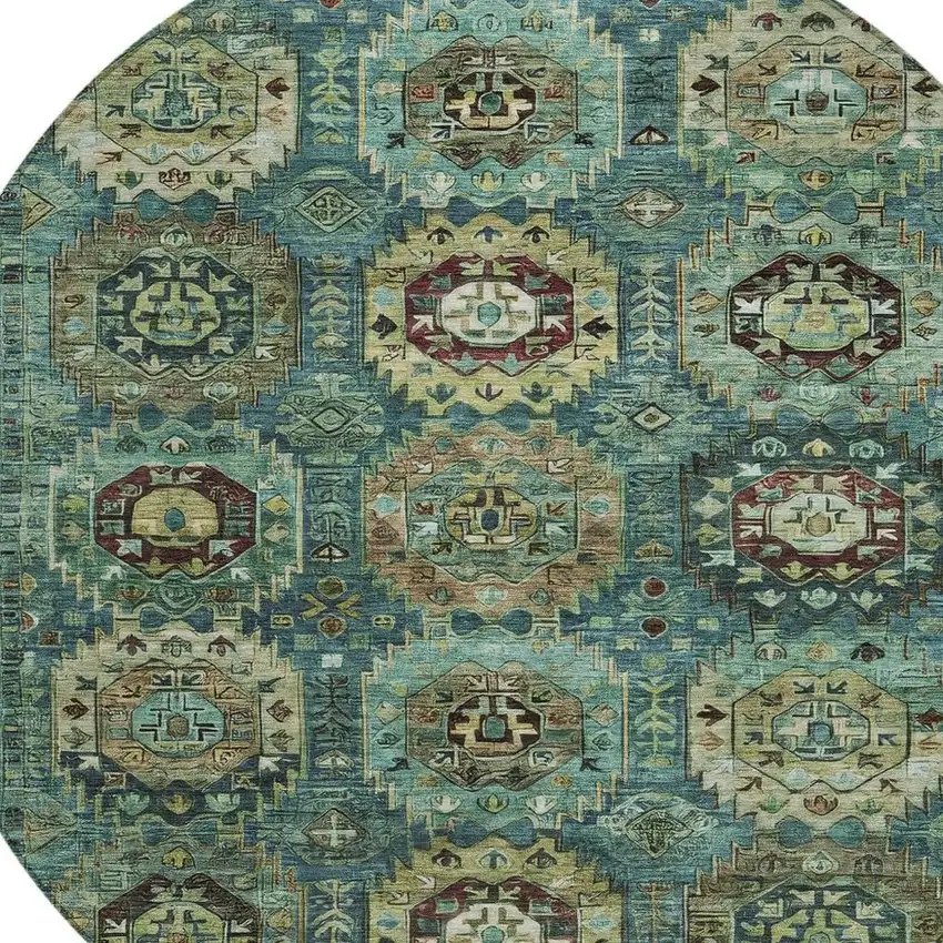 8' Teal Blue Brown And Taupe Round Medallion Washable Indoor Outdoor Area Rug Photo 4