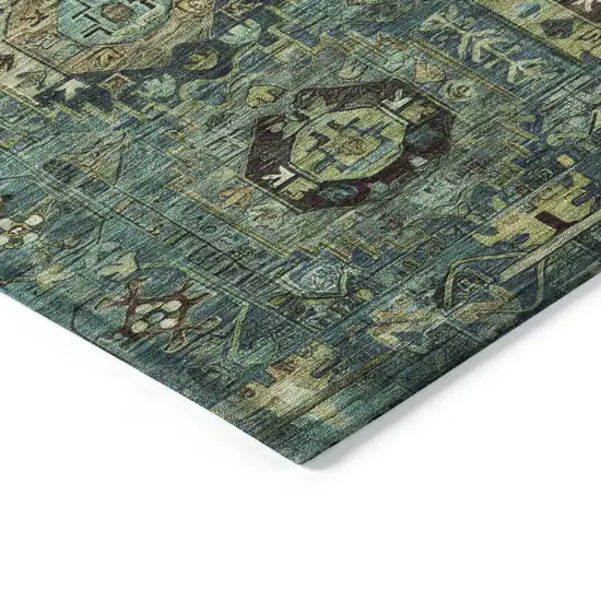 8' Teal Blue Brown And Taupe Round Medallion Washable Indoor Outdoor Area Rug Photo 7