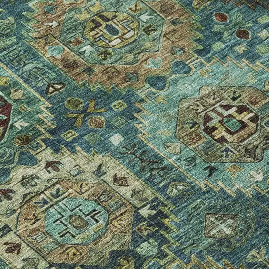 8' Teal Blue Brown And Taupe Round Medallion Washable Indoor Outdoor Area Rug Photo 9