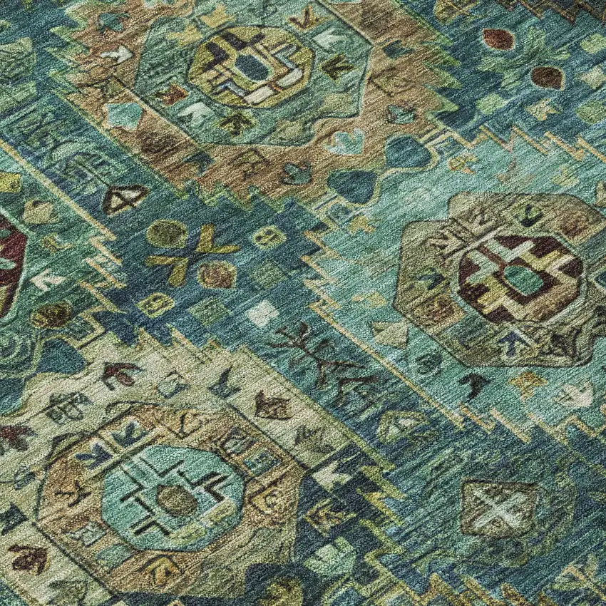 8' Teal Blue Brown And Taupe Round Medallion Washable Indoor Outdoor Area Rug Photo 9