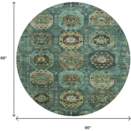 8' Teal Blue Brown And Taupe Round Medallion Washable Indoor Outdoor Area Rug Photo 9