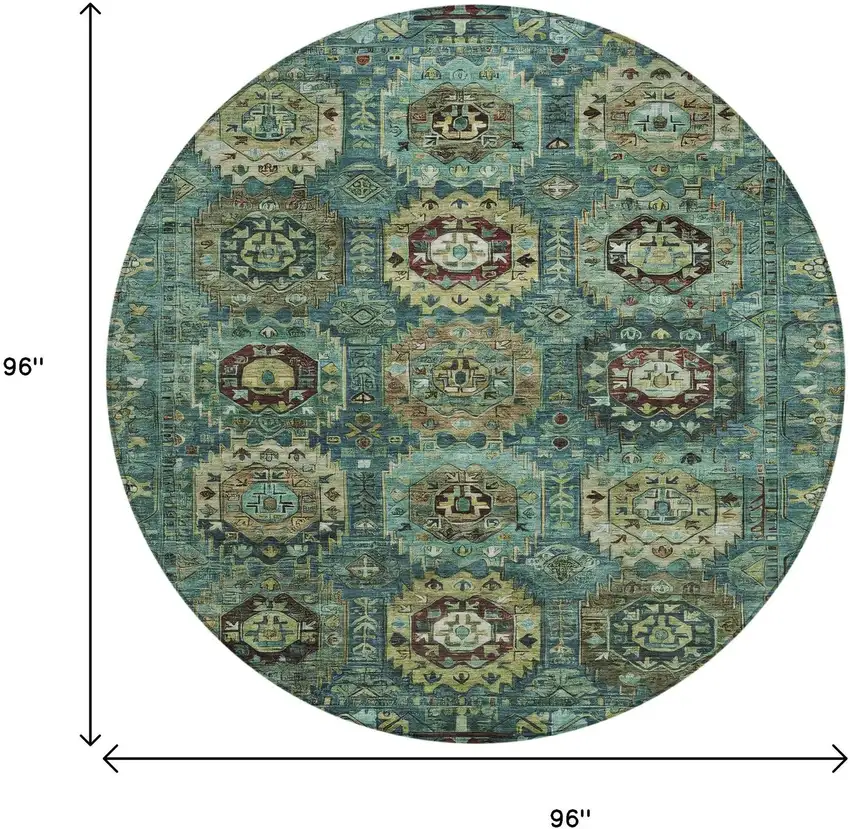 8' Teal Blue Brown And Taupe Round Medallion Washable Indoor Outdoor Area Rug Photo 9