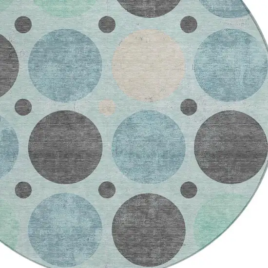 8' Teal Blue Charcoal And Beige Round Geometric Washable Indoor Outdoor Area Rug Photo 4