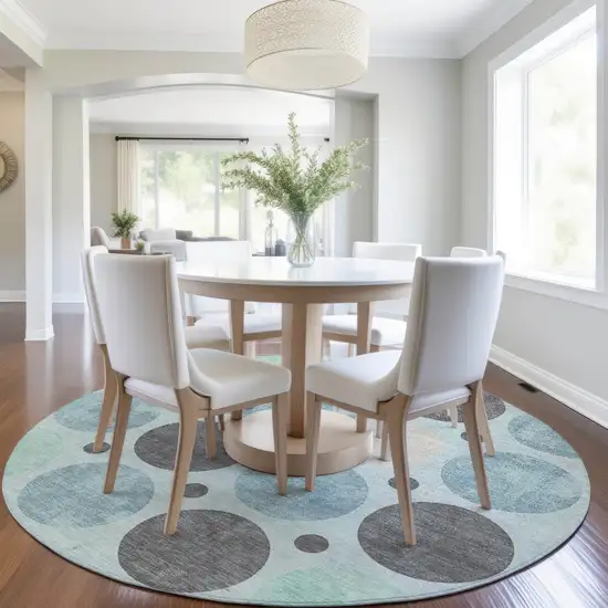 8' Teal Blue Charcoal And Beige Round Geometric Washable Indoor Outdoor Area Rug Photo 6