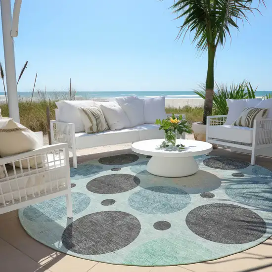 8' Teal Blue Charcoal And Beige Round Geometric Washable Indoor Outdoor Area Rug Photo 5