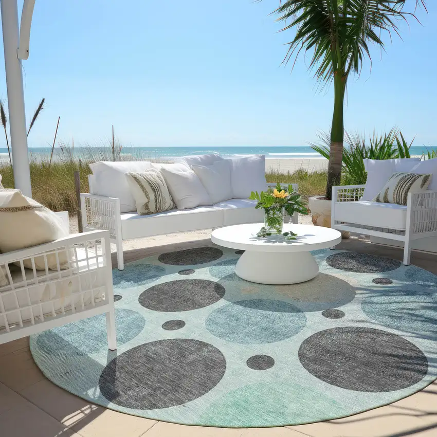 8' Teal Blue Charcoal And Beige Round Geometric Washable Indoor Outdoor Area Rug Photo 5