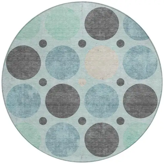 8' Teal Blue Charcoal And Beige Round Geometric Washable Indoor Outdoor Area Rug Photo 3